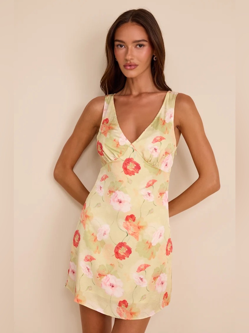 Floral V-Neck Slip Dress in Light Yellow Pink and Green NEW XL